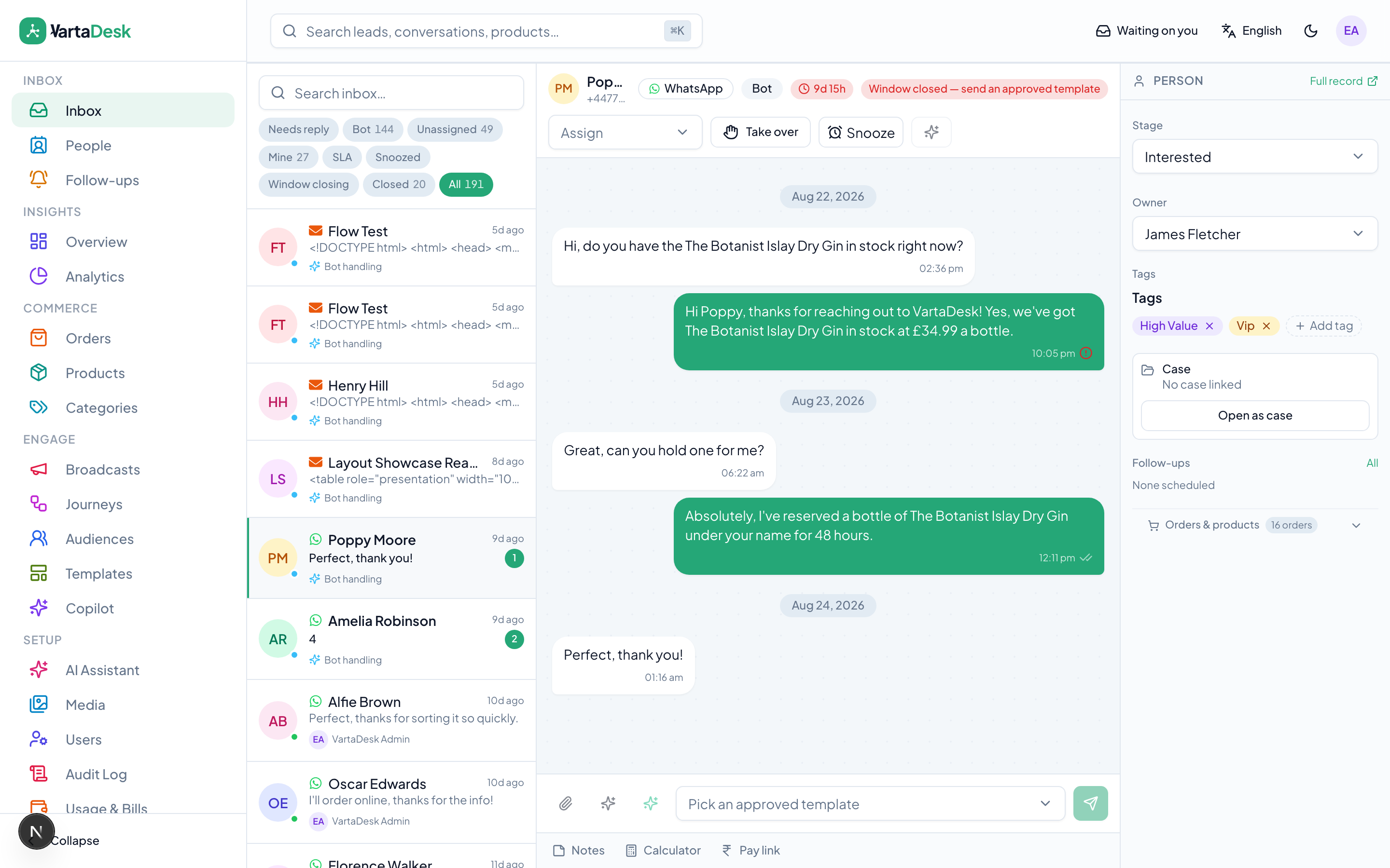 A VartaDesk conversation thread with human takeover on WhatsApp