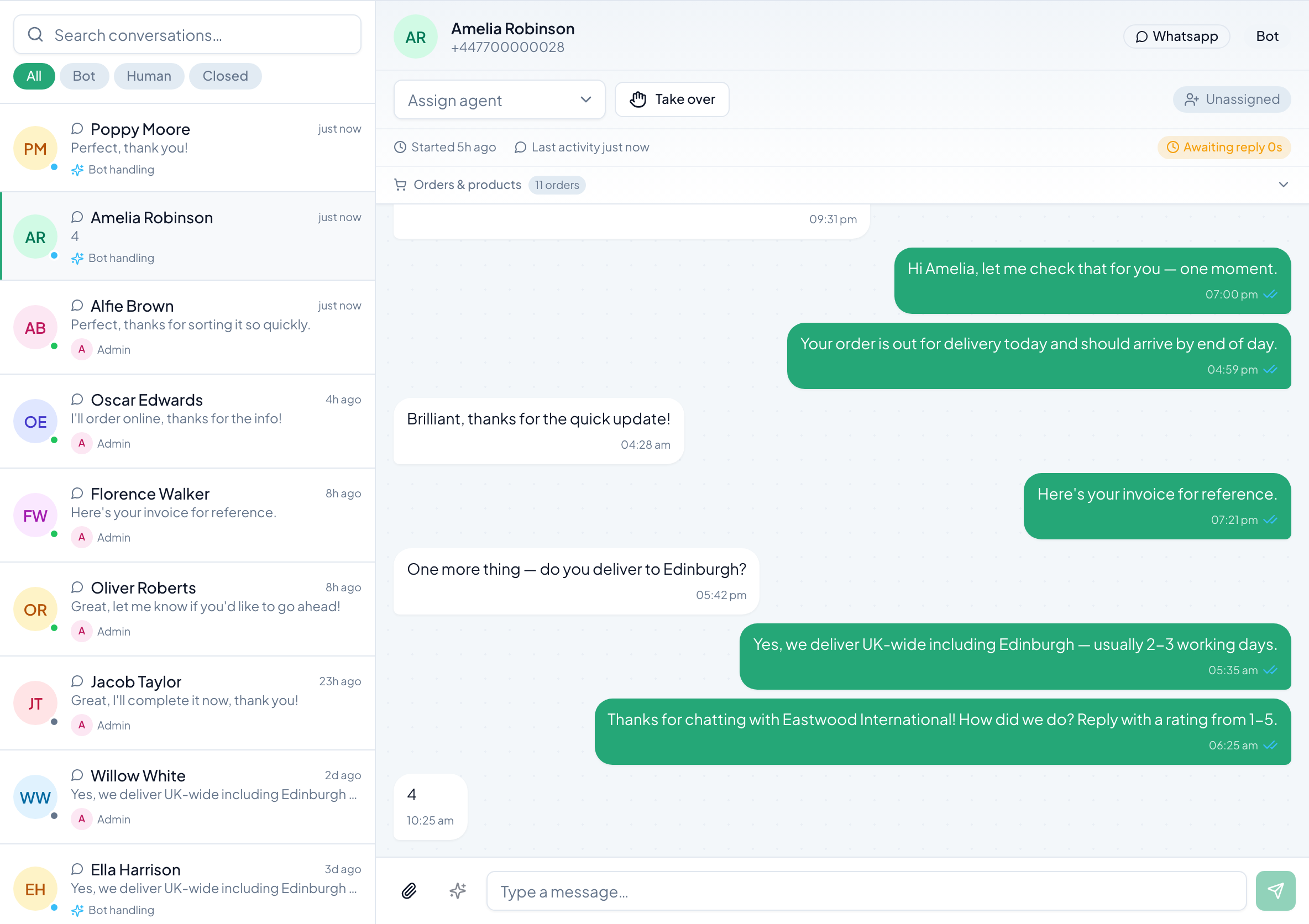 VartaDesk live inbox with WhatsApp, SMS, RCS and Email threads